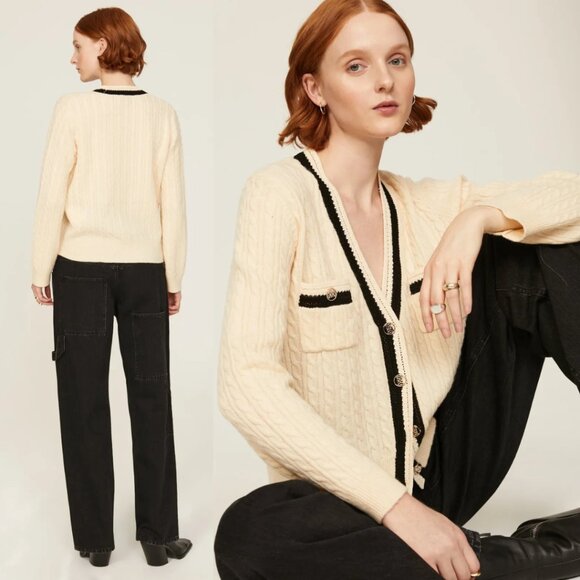 NWT Sandro Mercredi Cardigan Sweater Ecru Cable Knit V-Neck Wool Blend Contrast - Picture 2 of 10